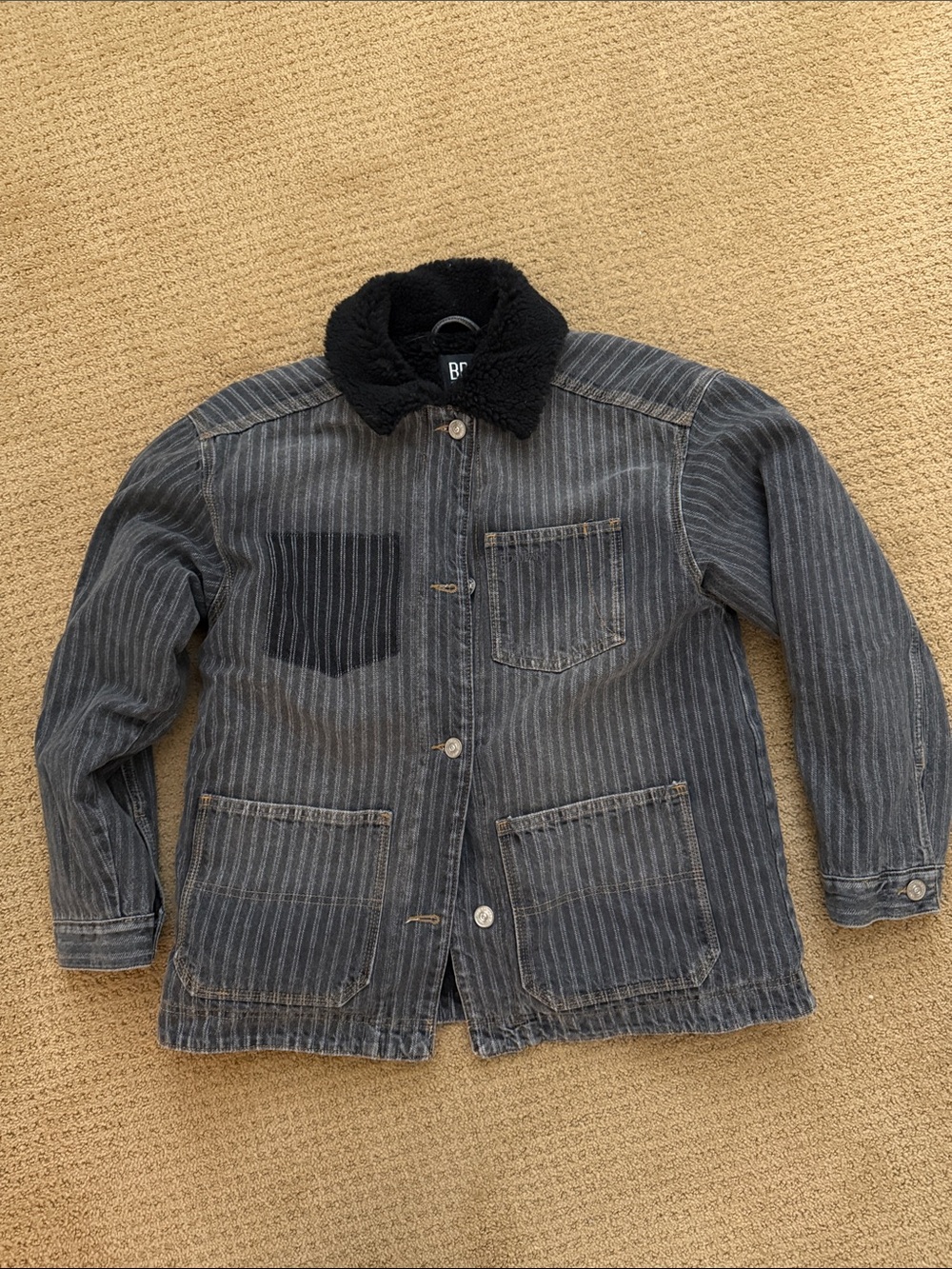 BDG Black Pinstripe Military Field Jacket with Sherpa Collar